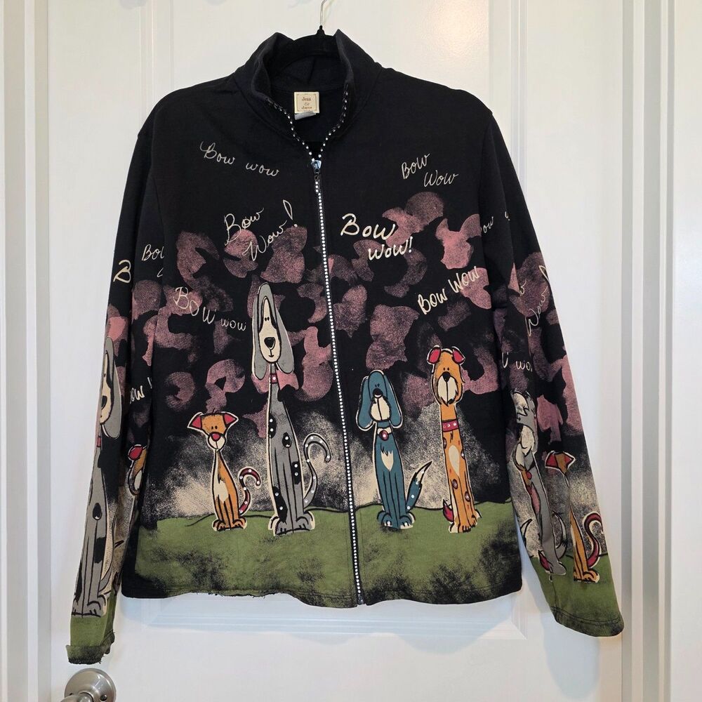 Jess & Jane "Bow Wow" Full Zip Jacket Sz XL Dog Mom Puppy Dog Rhinestone Bling